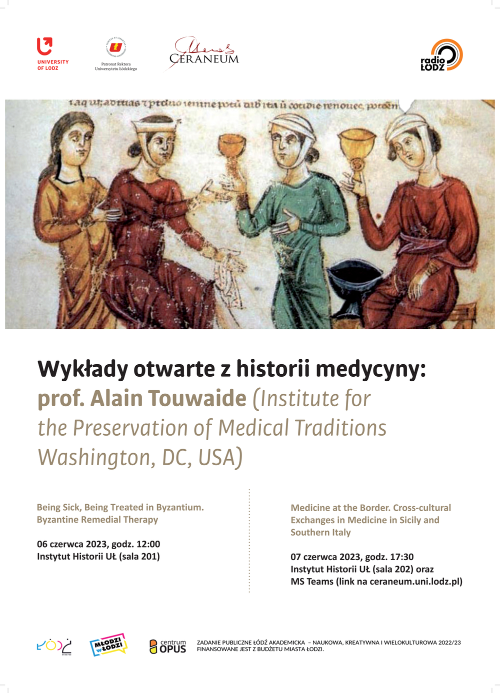 Plakat promujący wykłady prof. Alain Touwaide (Institute for the Preservation of Medical Traditions Washington, DC, USA)