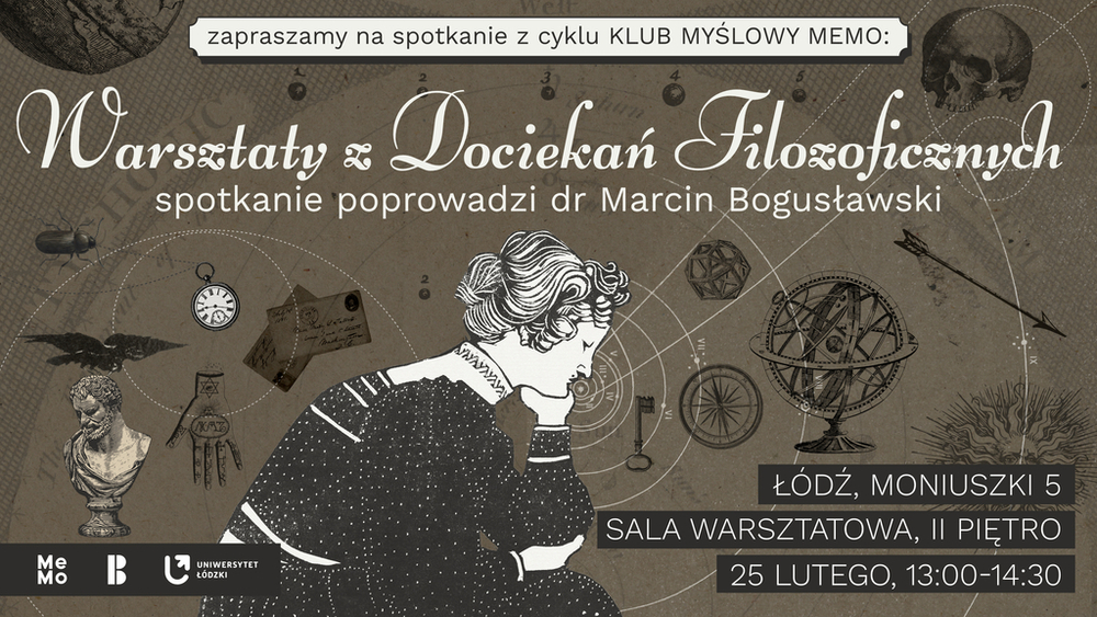 Baner wydarzenia z zamyśloną postacią podpierającą swoją głowę ręką