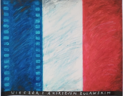 flaga Francji, na niebieskim polu taśma filmowa